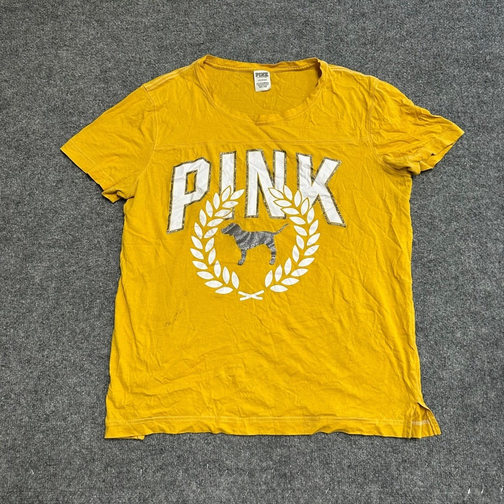 PINK T-Shirt Womens Size L Yellow Cotton Glitter Graphic Logo Short Sleeve Tee